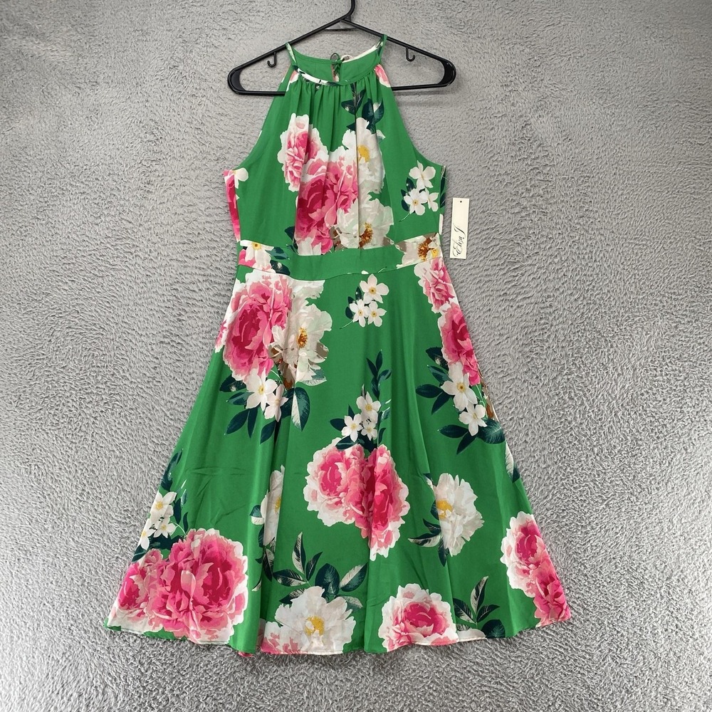 Eliza J Dress Womens 12P Petite Green Floral‎ Halter Fit Flare Wedding Guest